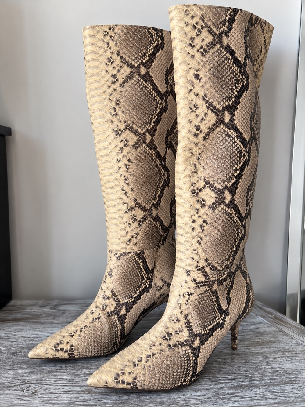Snake-Print Knee-High Pointed Toe Boots - Beige